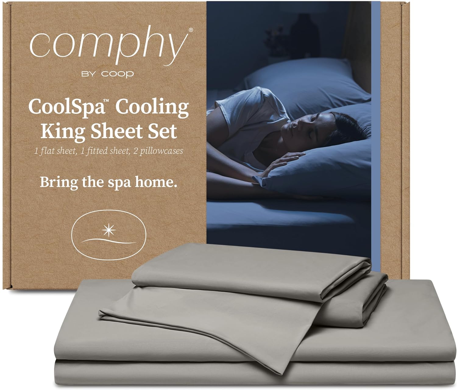Comphy by Coop CoolSpa Cooling Bed Sheets, 4 Piece King Sheet Set, Dove Grey Bre...