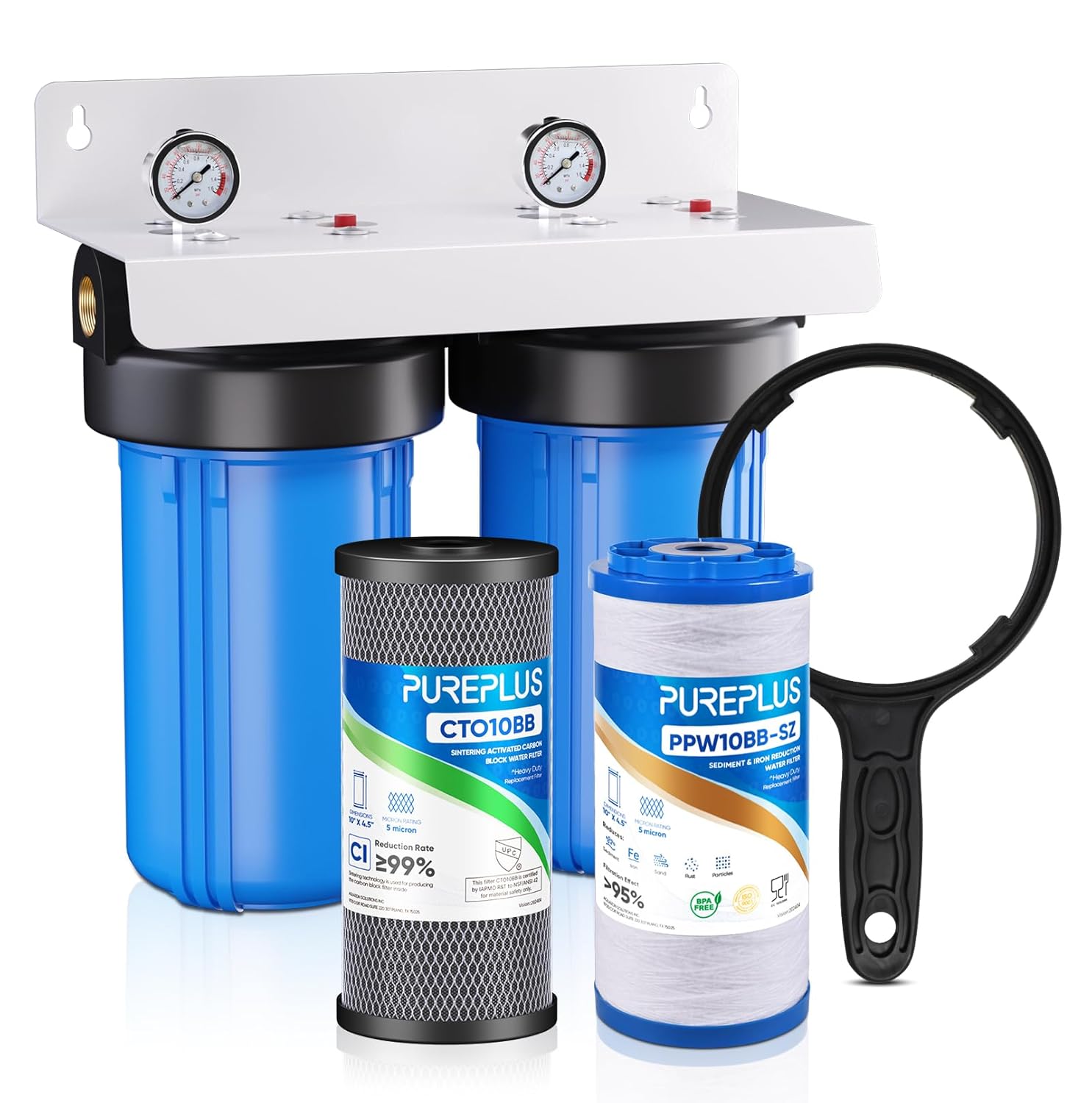 PUREPLUS 2-Stage Whole House Water Filtration System, 10" Universal Home Filtrat...