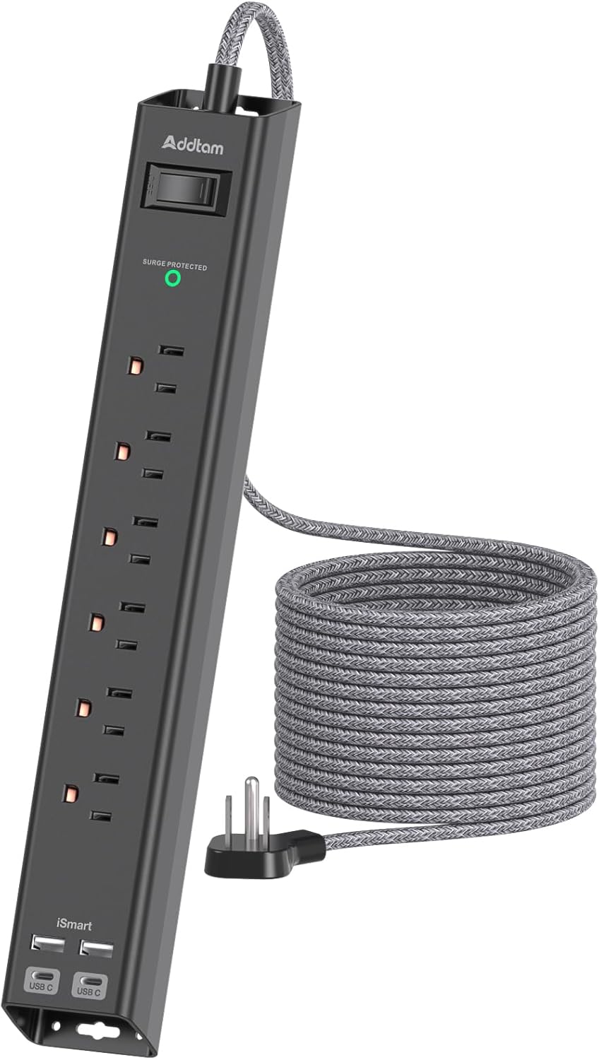 Surge Protector Power Strip 15 Ft Cord, Ultra Thin Flat Extension Cord with 6 Ou...