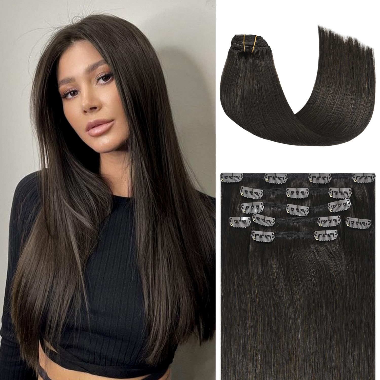 Honsoo Remy Clip in Hair Extensions Dark Brown 70g 7pcs 22Inch Real Human Hair C...