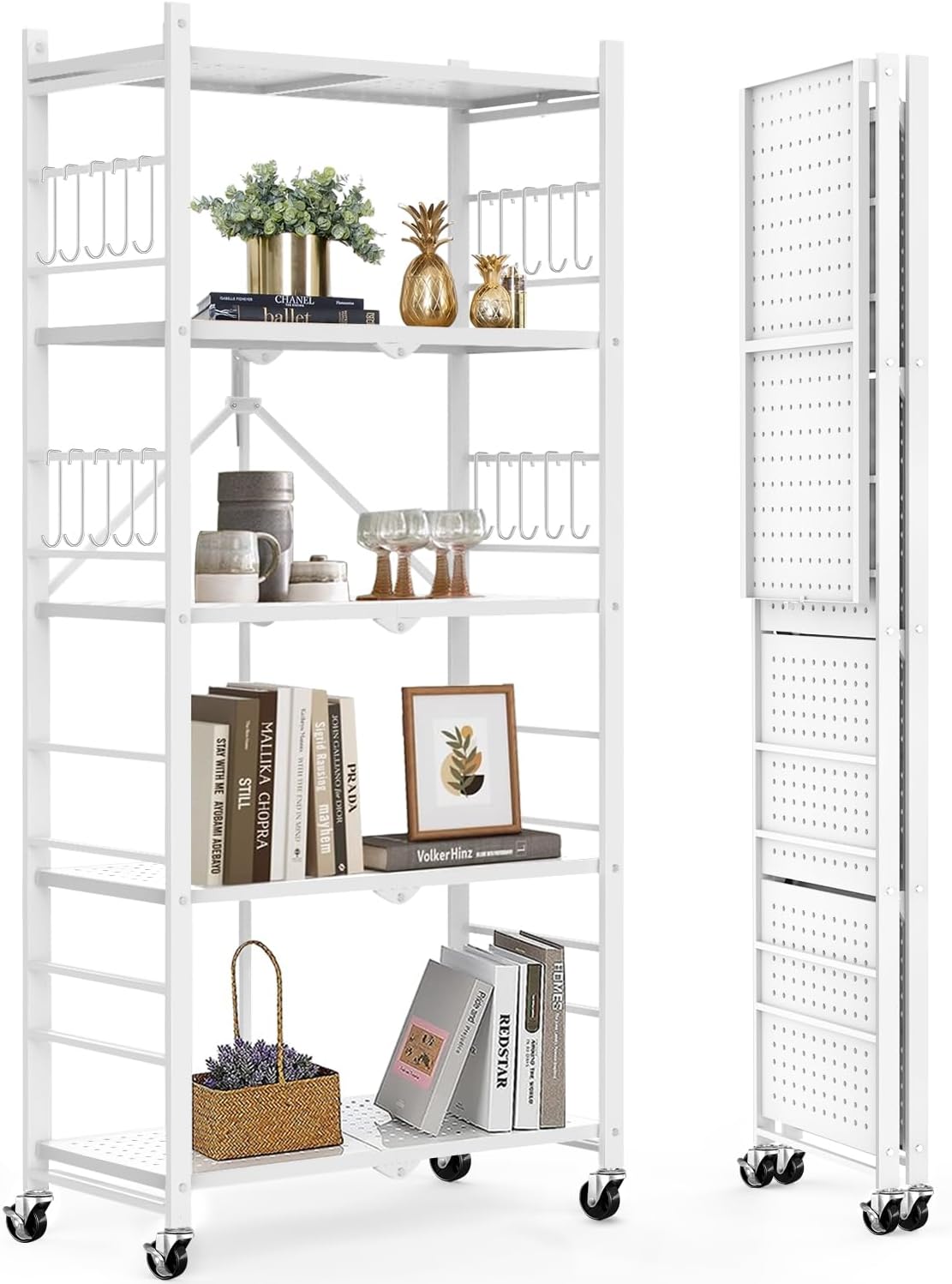 Himix Storage Shelves with 20 Hooks, 5-Tier Foldable Shelves for Storage, Foldin...