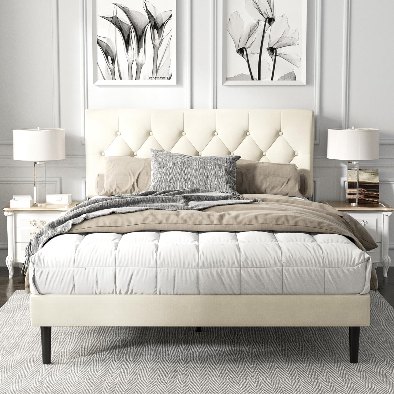Full Size Platform Bed Frame, Special Bed Frame with Upholstered Button Tufted H...
