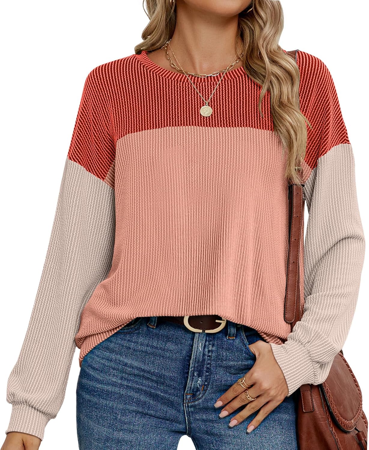 Womens Color Block Long Sleeve Crewneck Knitted Casual Loose Pullover Shirts Top...