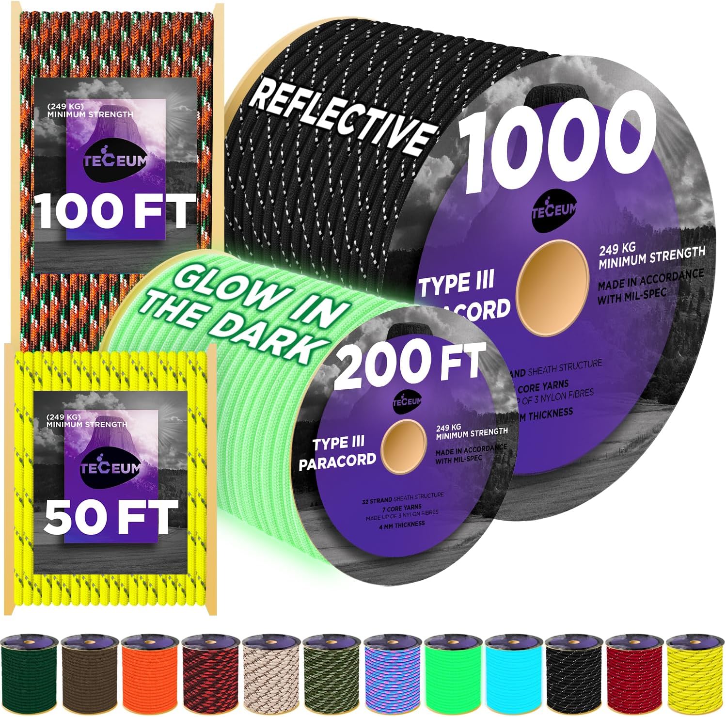 TECEUM Reflective Paracord Rope 1000 – 1000ft / 200ft / 120ft / 100ft / 50ft – 4...