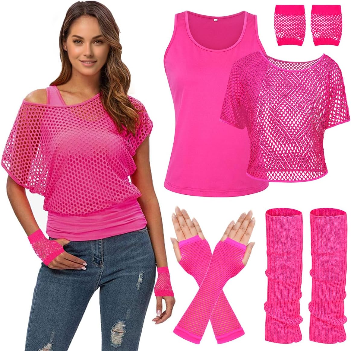 WILDPARTY Women Casual Sexy 80s Costumes Fishnet Neon Off Shoulder T-Shirt Large...