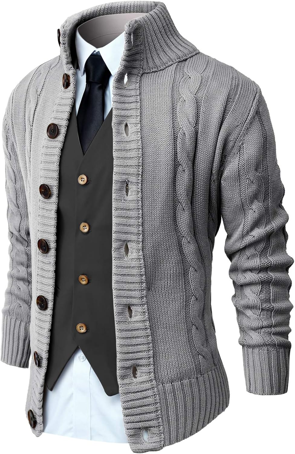 NITAGUT Mens Long Sleeve Stand Collar Cardigan Sweaters Button Down Cable Knitte...