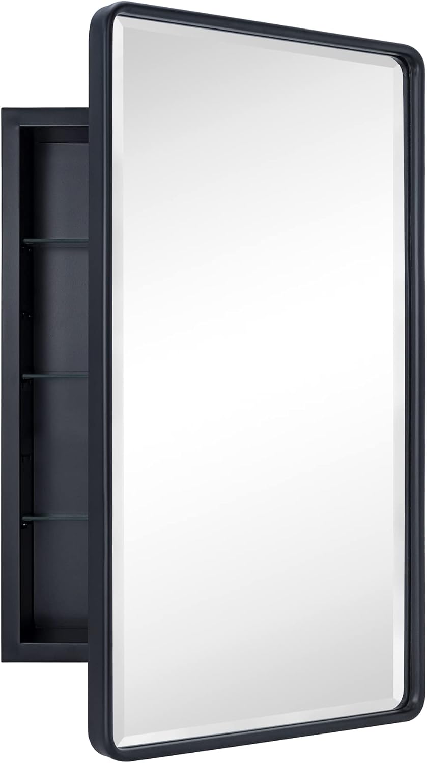 TEHOME Farmhouse Black Metal Framed Recessed Bathroom Medicine Cabinets with Mir...