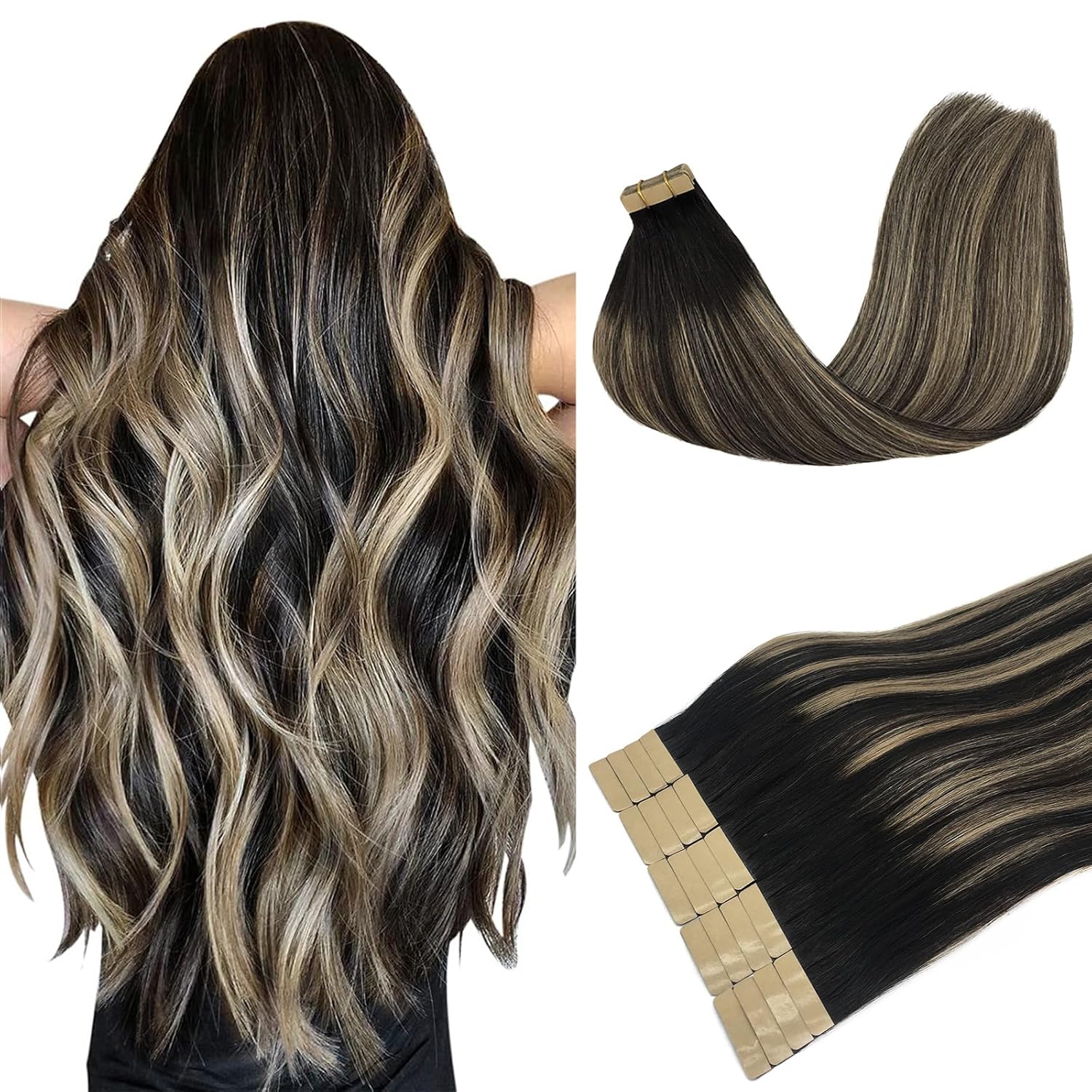 DOORES Tape in Balayage Natural Black to Light Blonde 20 Inch 20pcs 50g Human Ha...