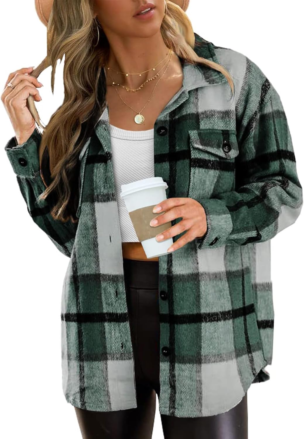 Blansdi Women’s Casual Plaid Flannel Shacket Jacket Oversized Button Down Long S...