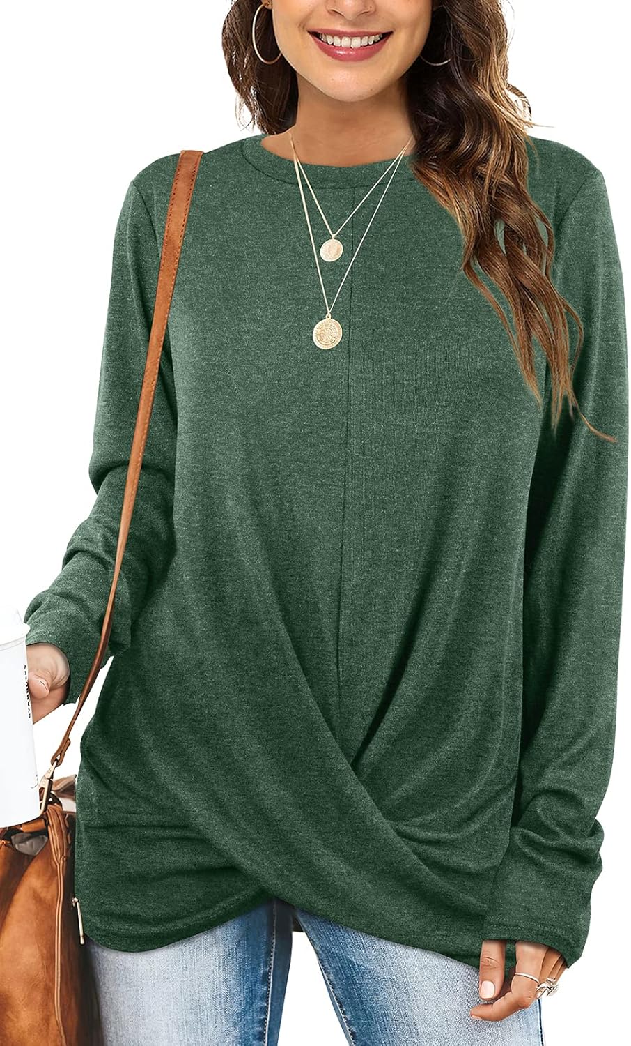 Jescakoo Tunic Tops For Leggings For Women Twist Front Long Sleeve Crew Neck Shi...
