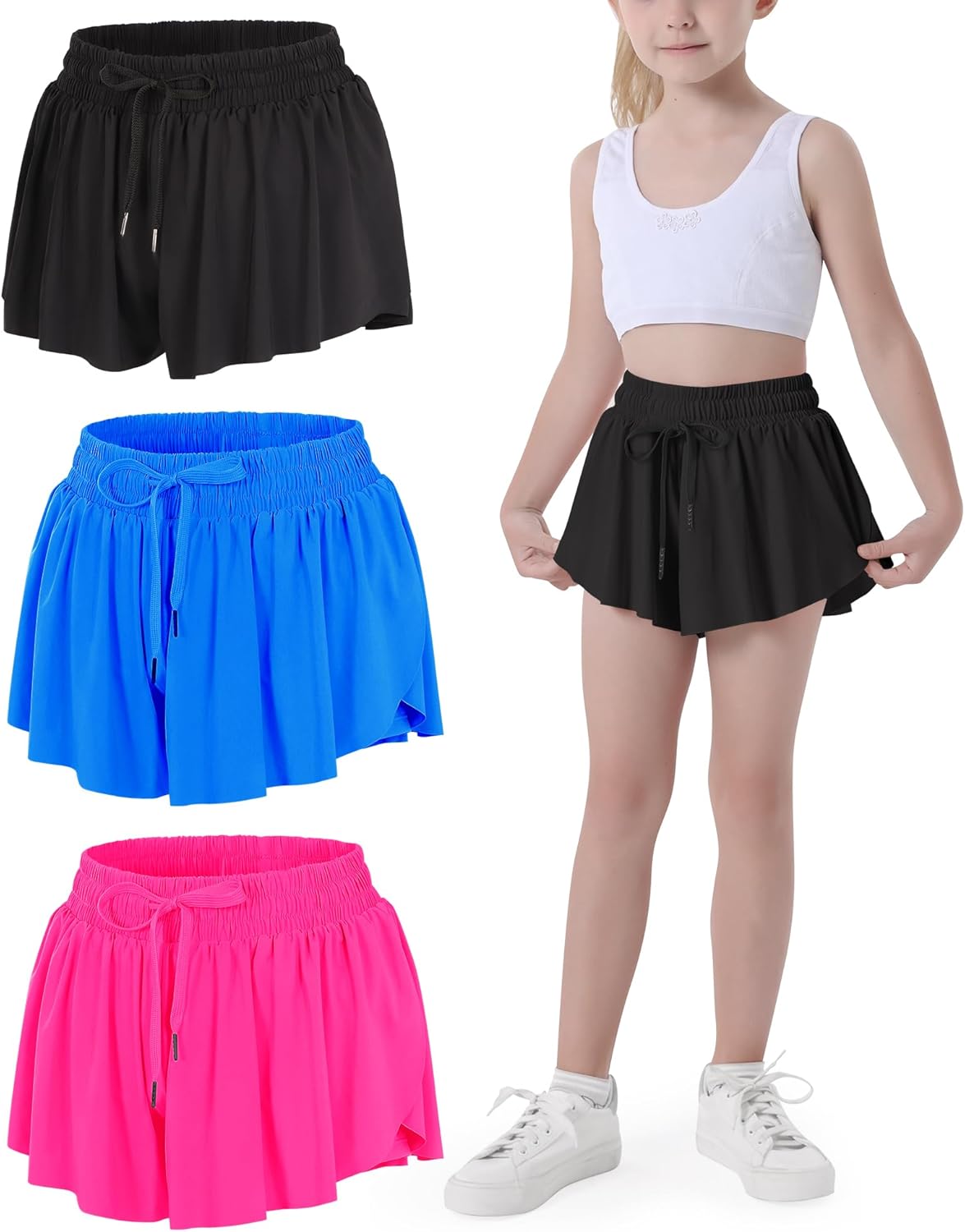 JOCMIC Girls Flowy Shorts, 2 in 1 Preppy Butterfly Shorts with Spandex Liner for...