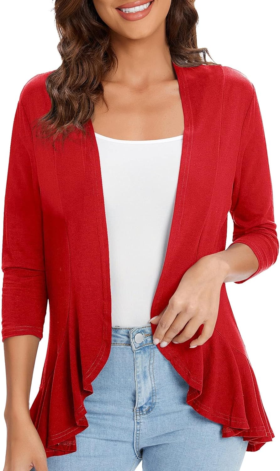 Urban CoCo Women's Casual Lightweight Open Front Cardigan Soft Draped Ruffles 3/...