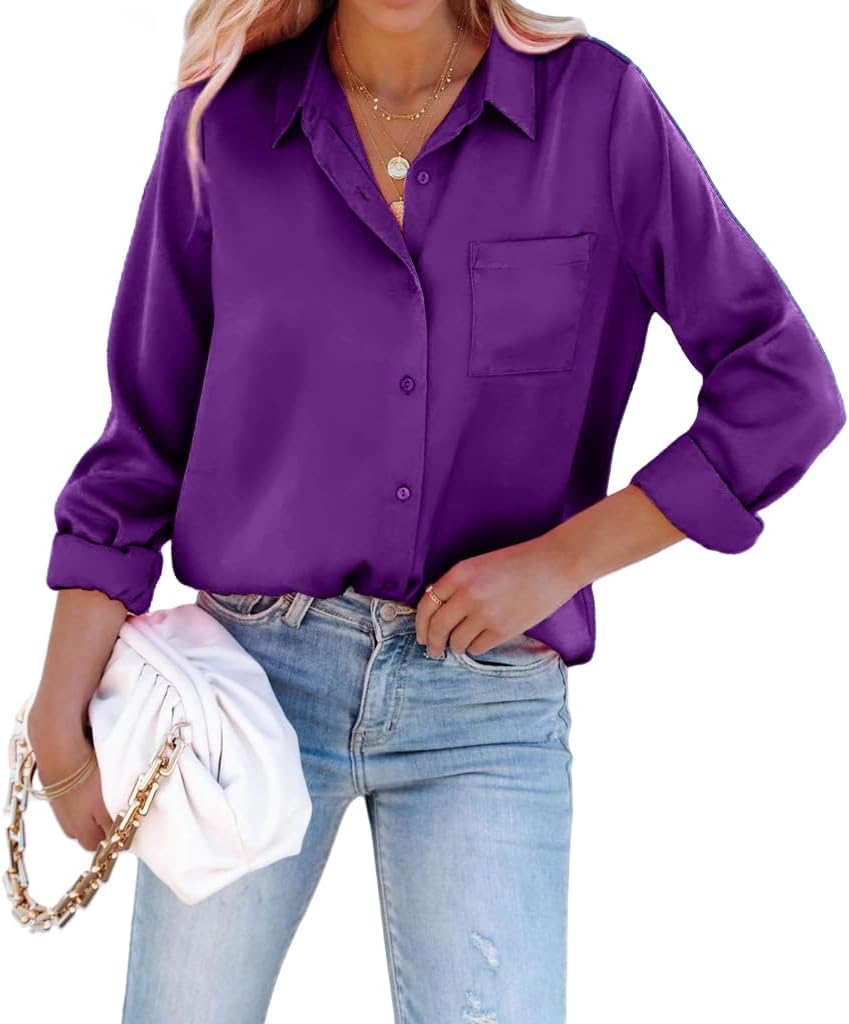 Pausus Satin Button Down Shirts, Special Long Sleeve Slim Fit Blouses, Affordabl...