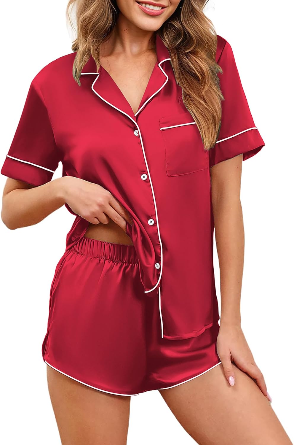 Ekouaer Womens Silk Satin Pajamas Set Short Sleeve Sleepwear Button Down Loungew...