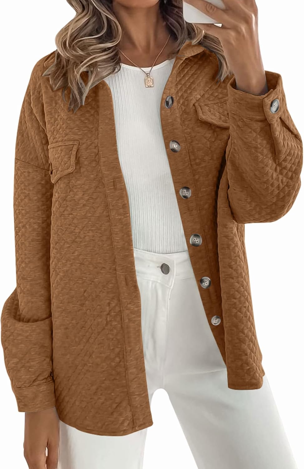 ZESICA Women's Casual Long Sleeve Button Down Loose Lightweight Shacket Shirt Ja...