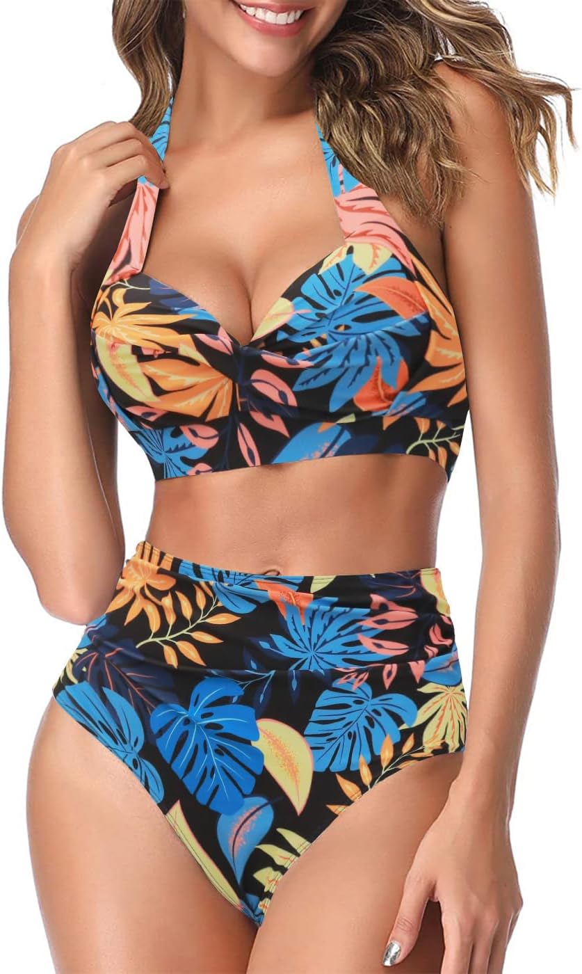 AOQUSSQOA Women Two Piece Tankini Swimsuits High Waist Halter Vintage Bikini Set...