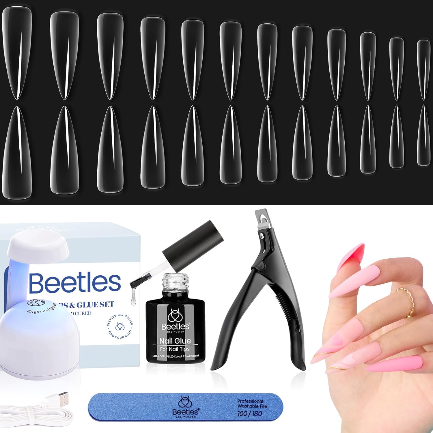 Beetles Gel Nail Kit Easy Nail Extension Set, Long Stiletto Shaped 240 Pcs Clear...