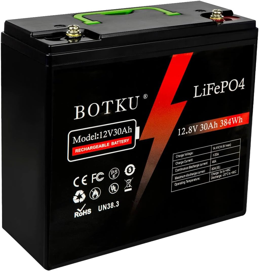 12V 30Ah Lithium LiFePO4 Deep Cycle Battery, 3000+ Cycle Rechargeable Lithium Ir...