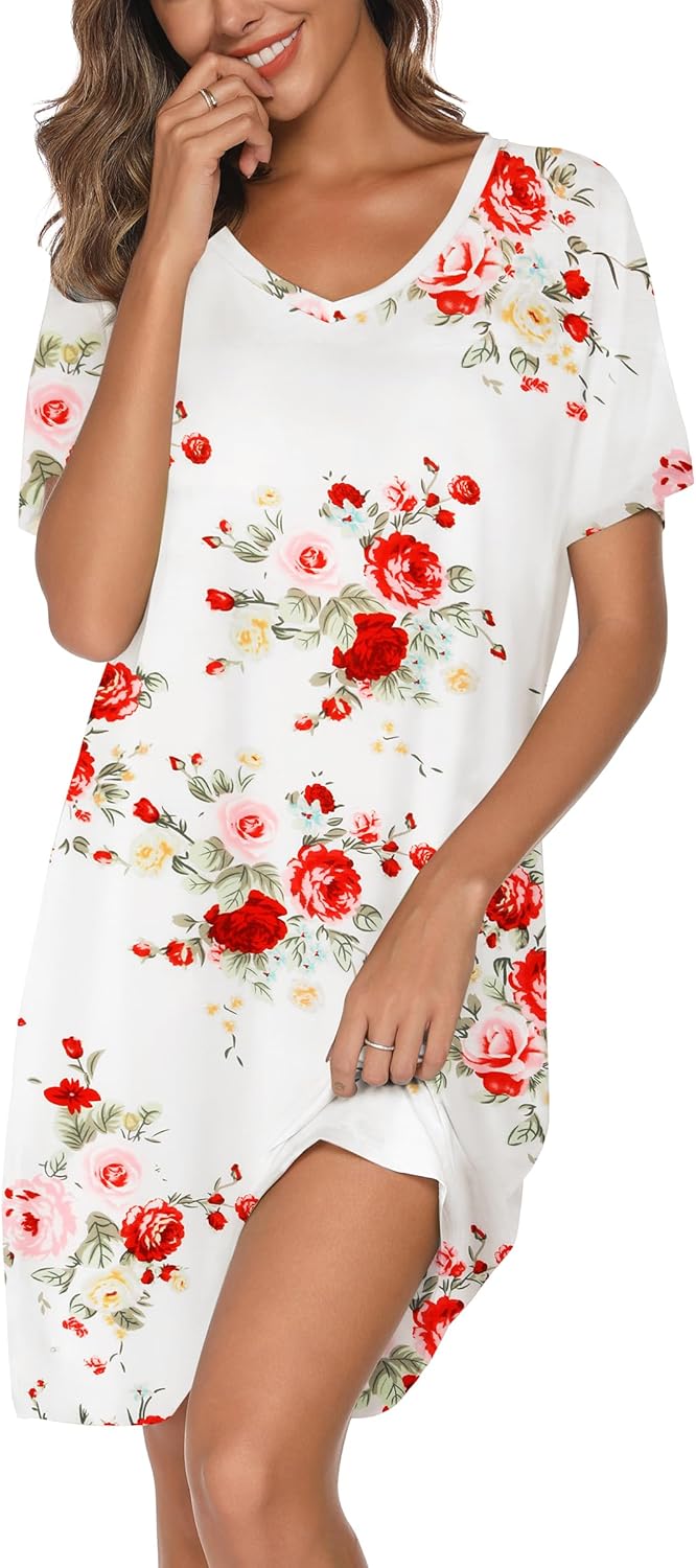 Nightgowns for Women Soft Cotton Sleep Shirts Short Sleeve Sleepwear S-XXL Flora...