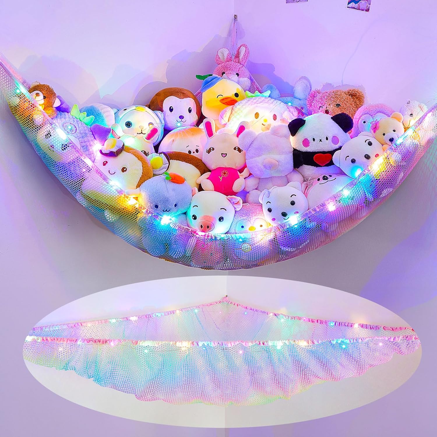 MHJY Toy Hammock for Stuffed Animals Soft Toy Storage Net with LED Light, Cuddly...