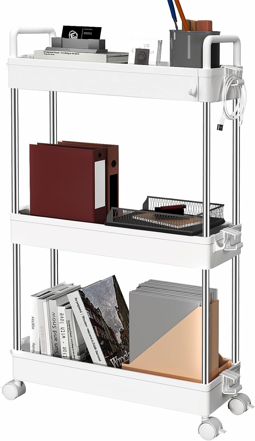 Ronlap 3 Tier Storage Trolley, Narrow Storage Unit with Handle, Hook, Lock Wheel...