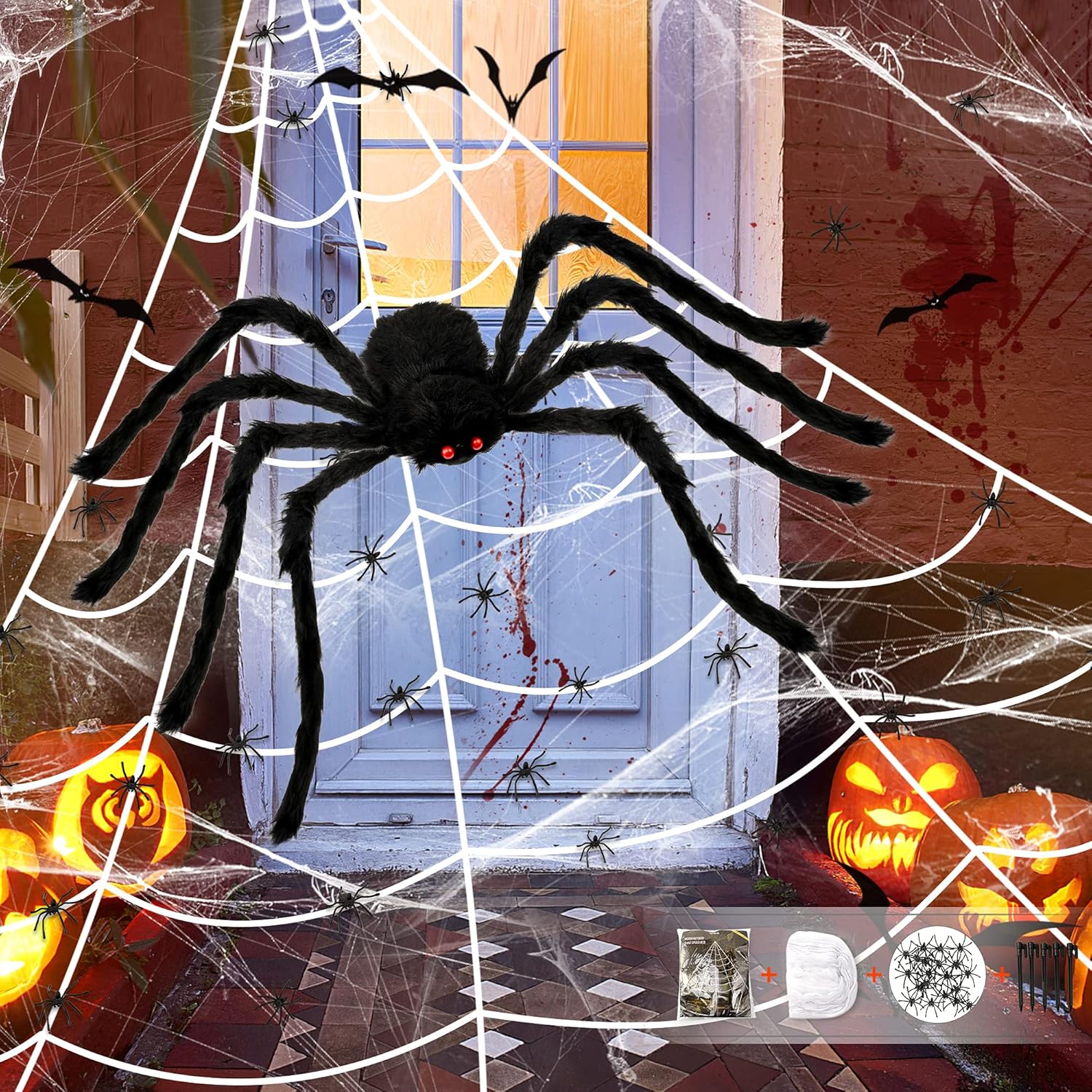 HOPOCO Halloween Spider Web Decor 4.9Ft (1.5M) Giant Spider with Red Eyes, Scary...