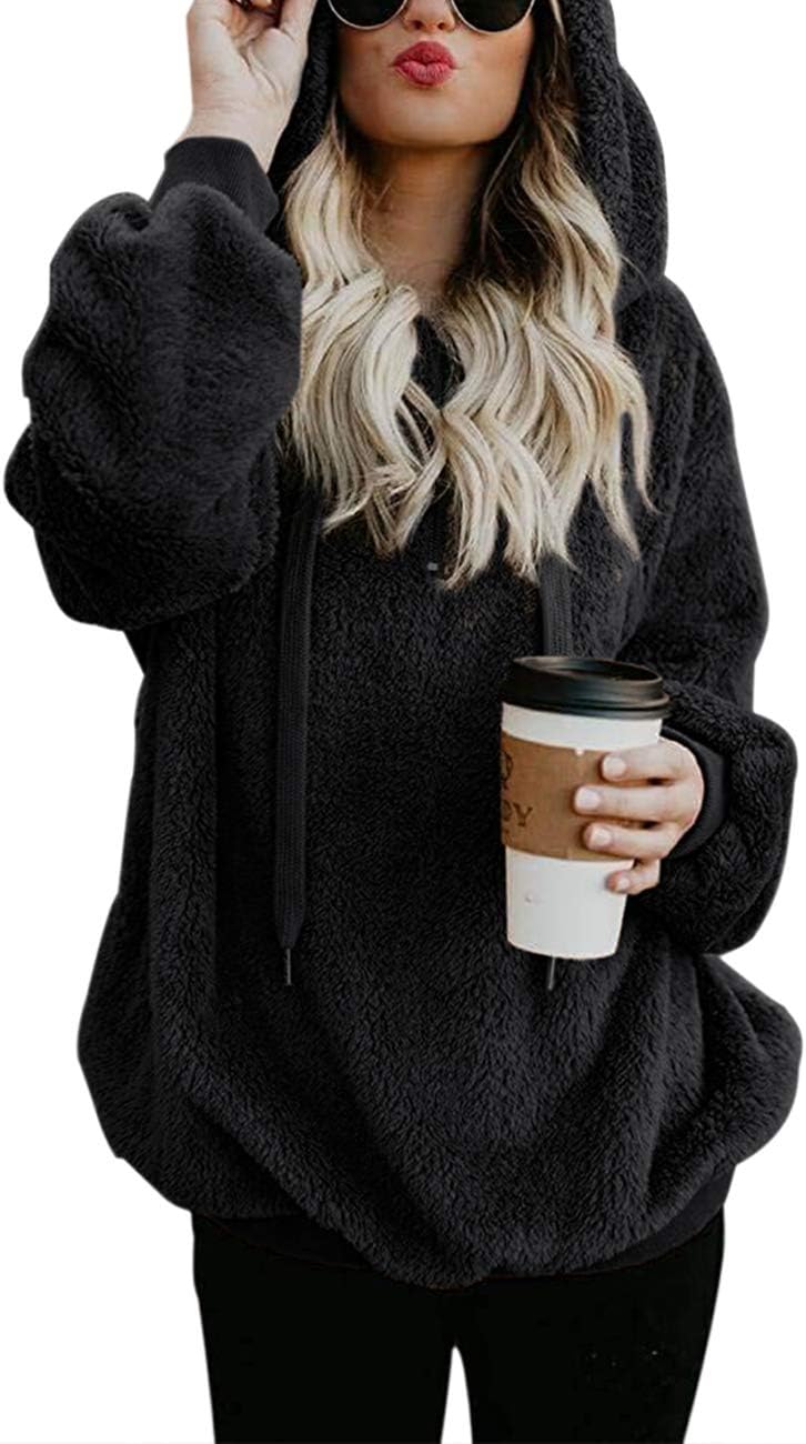iWoo Teddy Fleece Sweatshirts Womens Casual Double Fuzzy Fluffy Hoodie Solid Col...