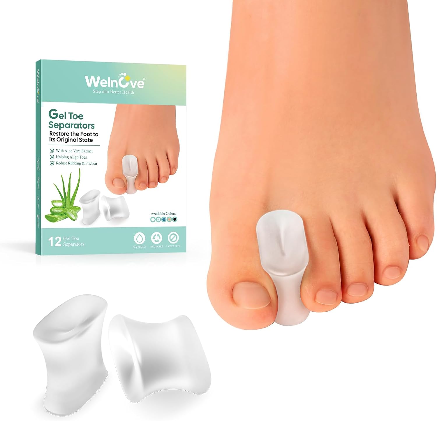 Welnove Gel Toe Separators and Bunion Toe Spacers - 12 Pack Toe Spacers with Alo...