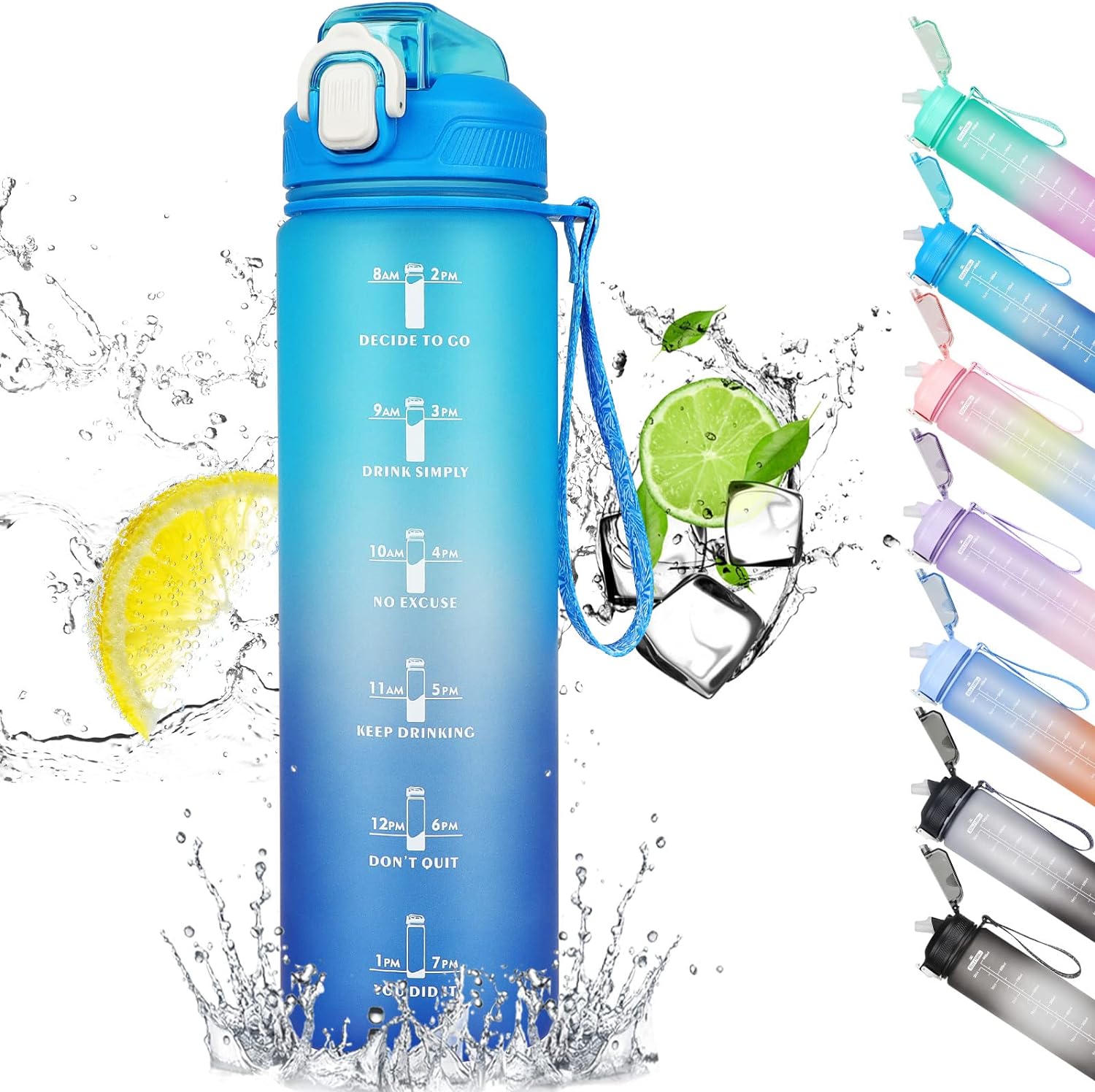 CodiCile 1L Water Bottle, Sports Water Bottle with Straw and Time Markings,Motiv...