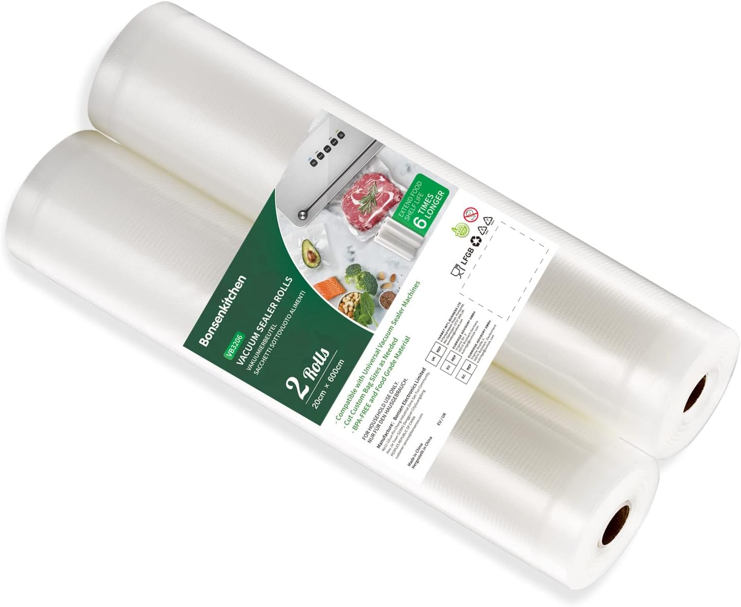 Bonsenkitchen Vakuumrollen 2 Rollen 20x600cm Vakuumierfolie - Profi Vakuumbeutel...