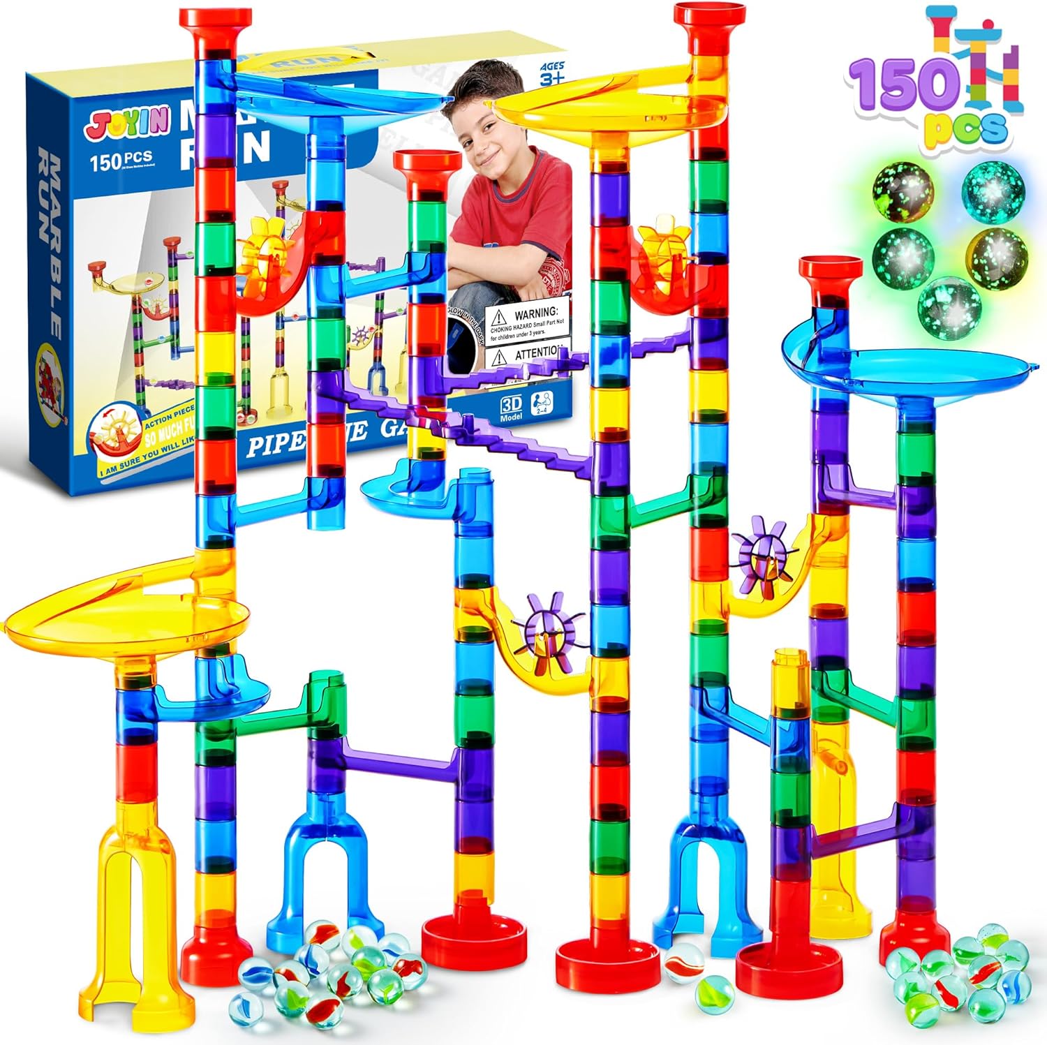 JOYIN 150Pcs Glowing Marble Run- Construction Building Blocks Toys with 5 Glow i...