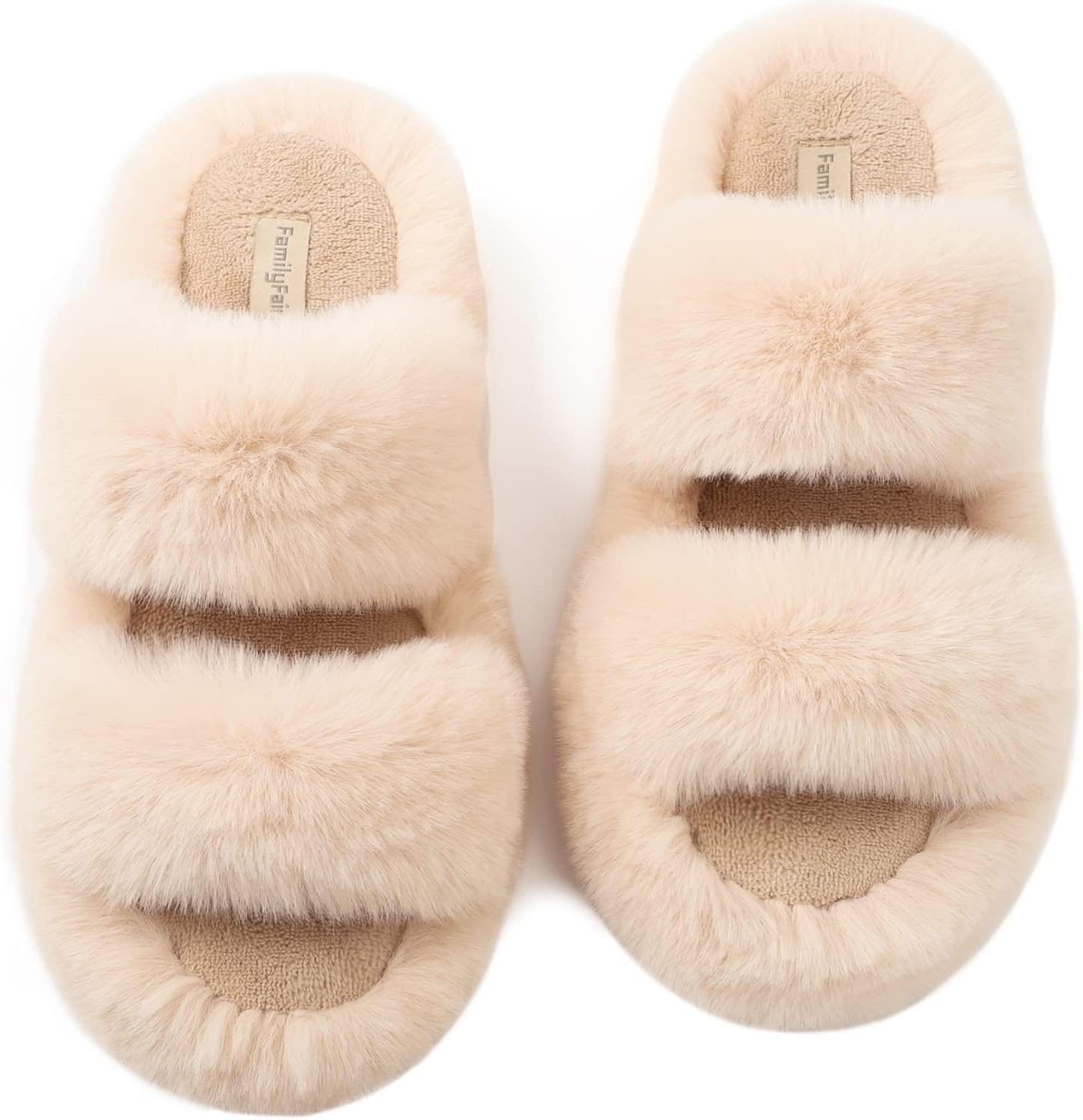 FamilyFairy Women's Fluffy Faux Fur Slippers Comfy Open Toe Two Band Slides with...