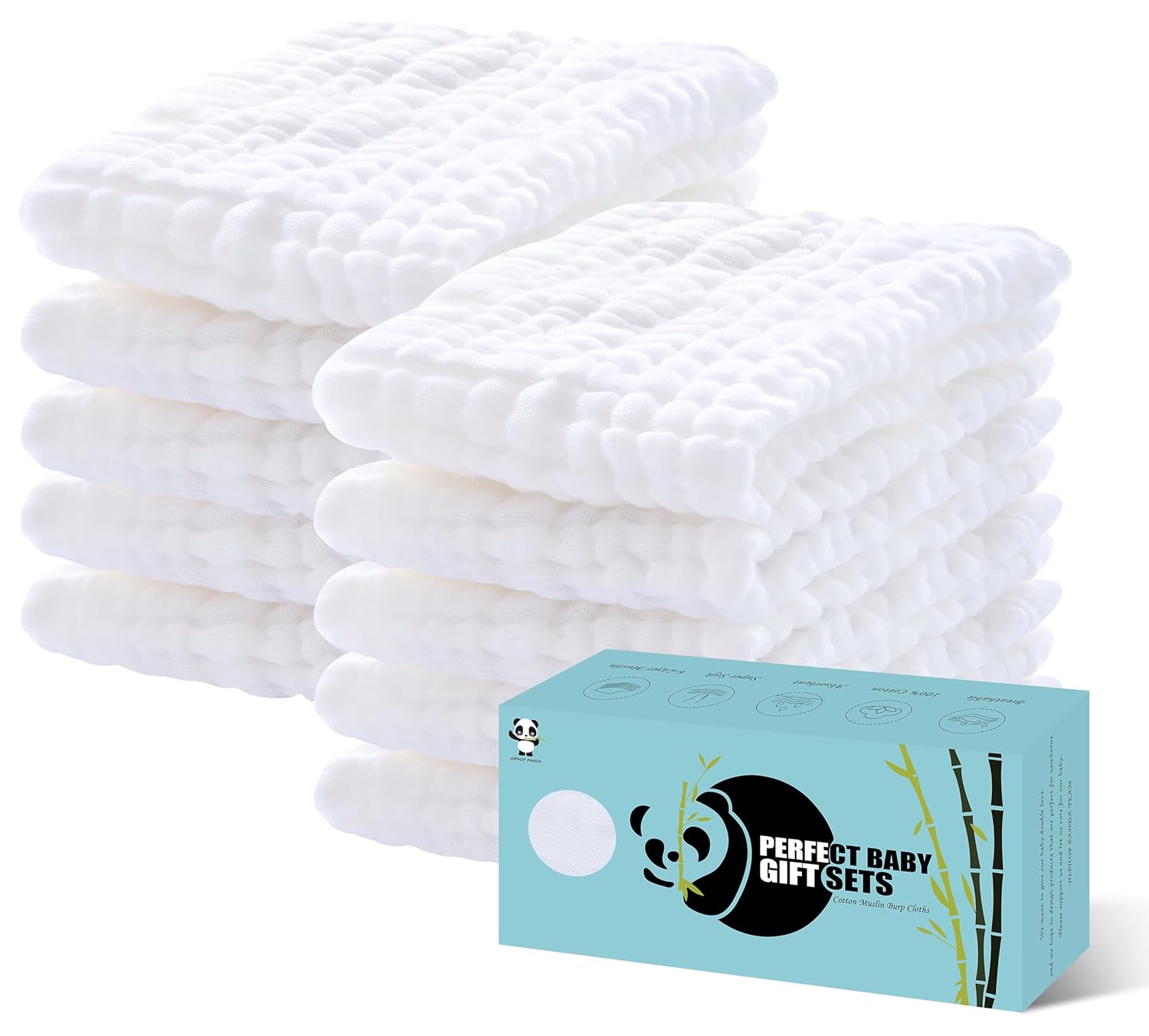 HIPHOP PANDA 10 Pack 6-Layers Muslin Burp Cloths Large - Durable 100% Cotton - B...