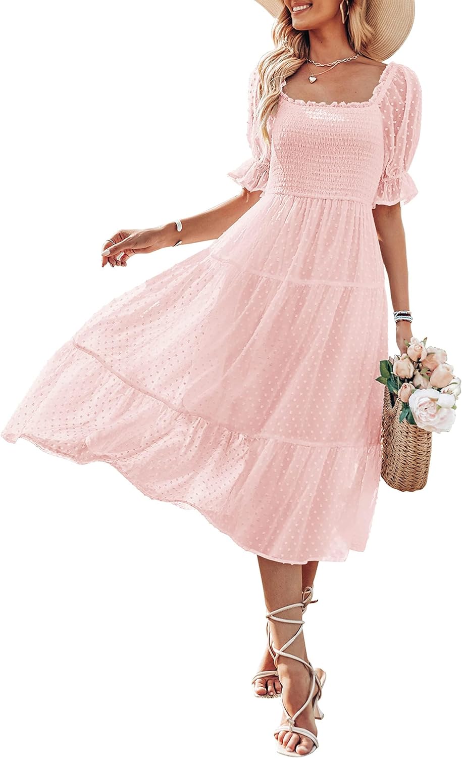 MEROKEETY Women's Summer Dress, Special Boho Midi Dress with Square Neck Puff Sl...