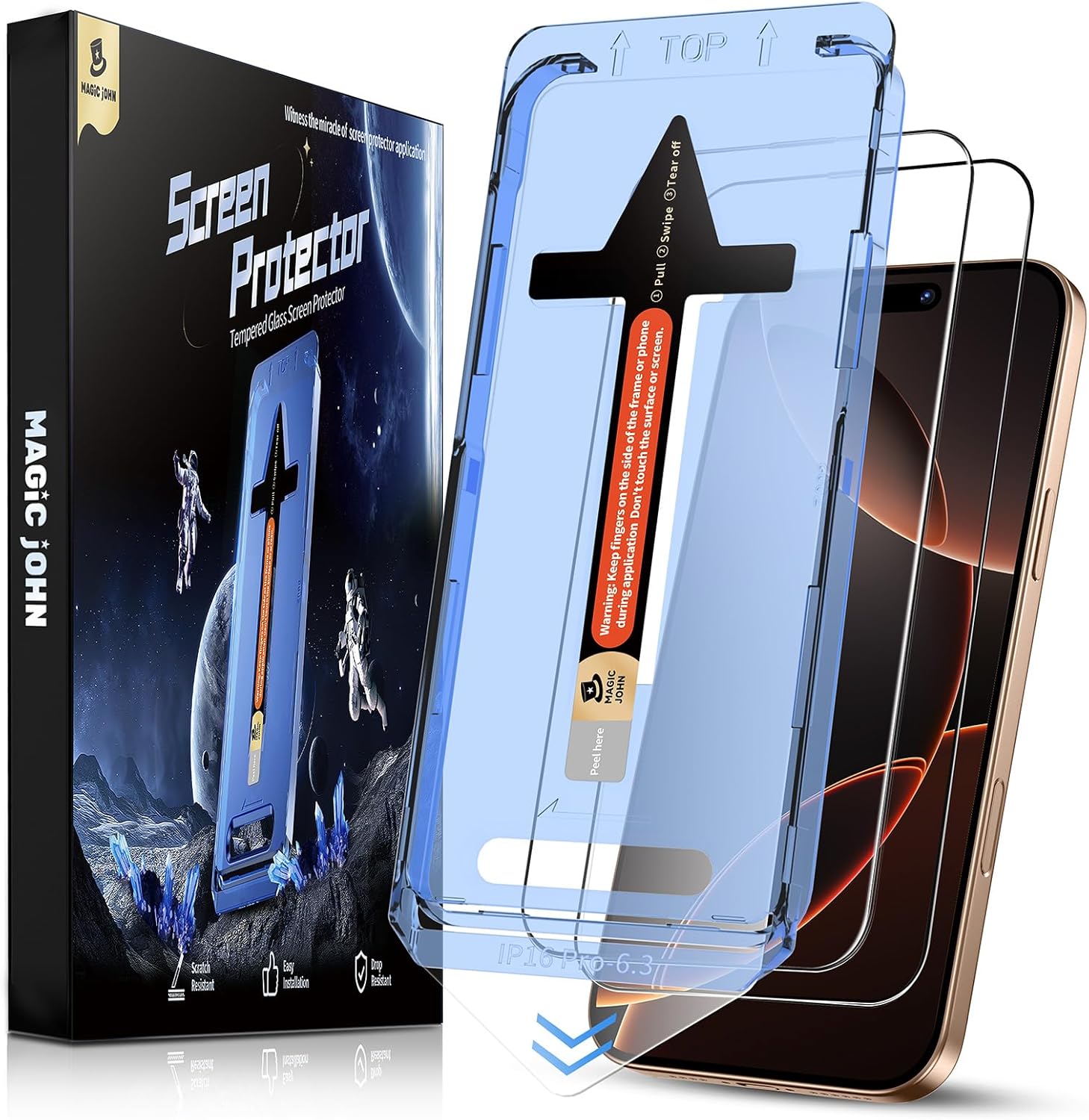 MAGIC JOHN 2 Pack for iPhone 16 Pro Tempered Glass Screen Protector 6.3 inch, Au...
