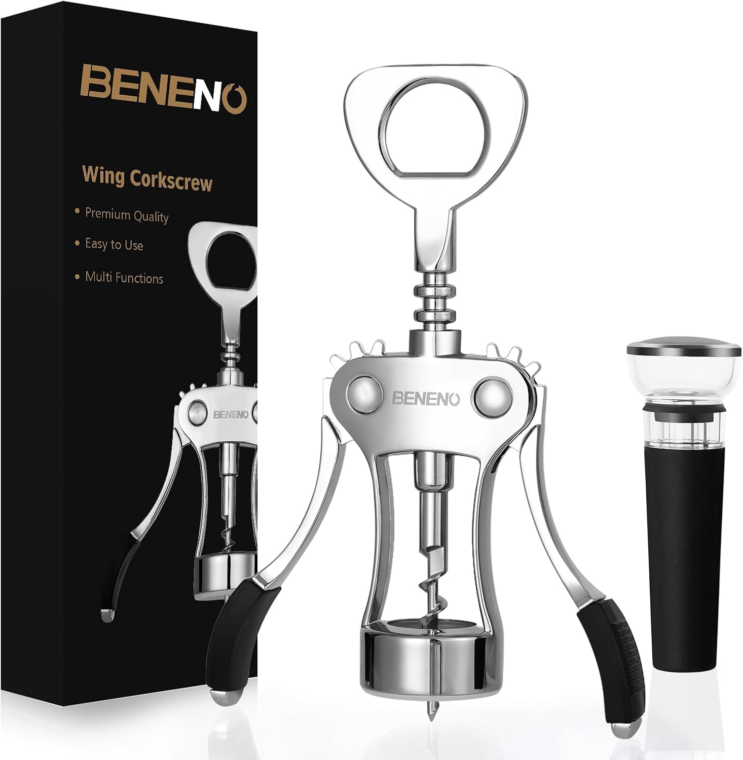 Wine Opener with Leak Proof Wine Vacuum Stopper, Zinc Alloy Premium Wing Corkscr...