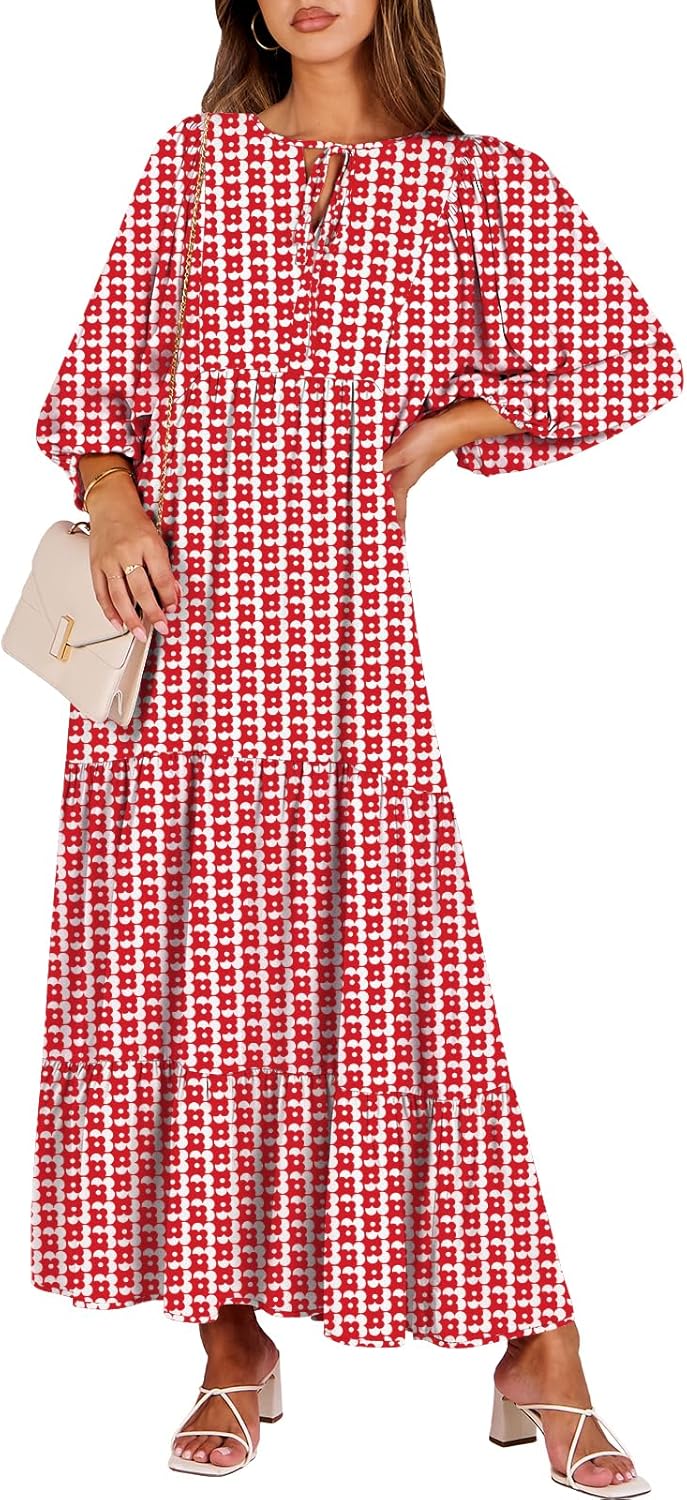 ANRABESS Womens Boho Maxi Dresses, Stylish Summer V Neck Dress with Puff Sleeves...
