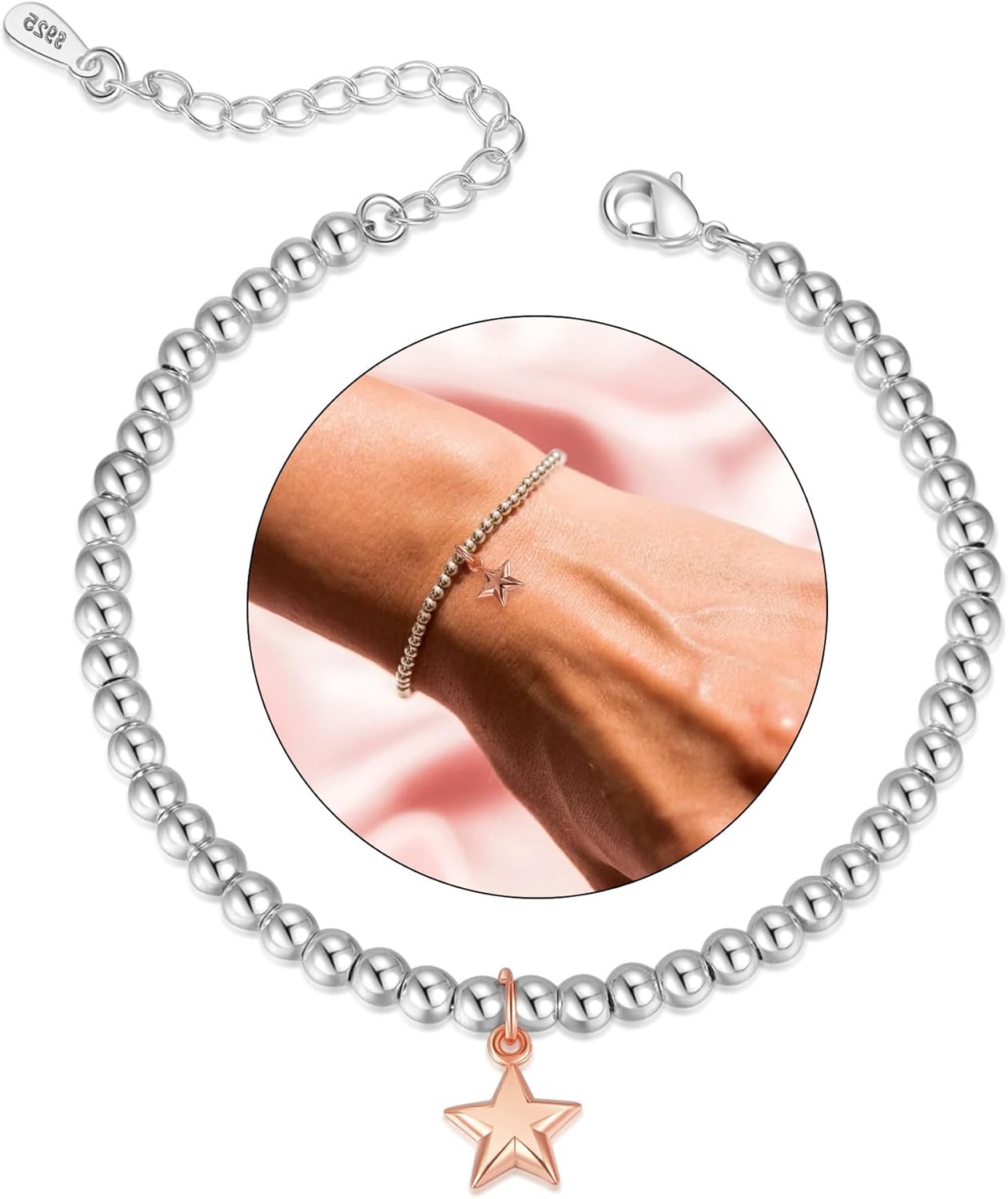 XOEMEL Sterling Silver Bracelet for Women 5MM Round Silver Bead Bracelet Adjusta...