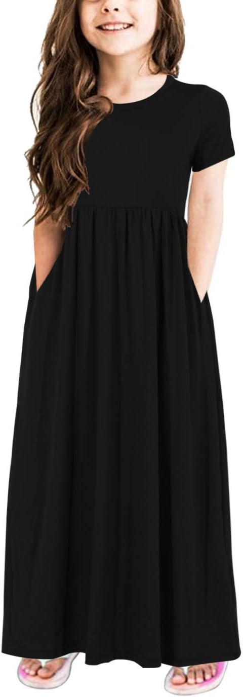 GORLYA Girl's Short Sleeve Floral Print Loose Casual Long Maxi Dress with Pocket...