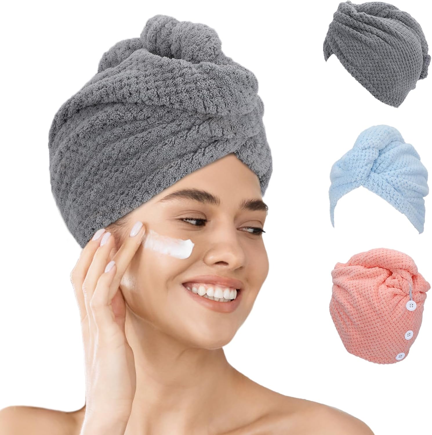FREATECH 3-Pack Microfibre Hair Towel Wrap, Anti-frizz Hair Turbans for Wet Hair...