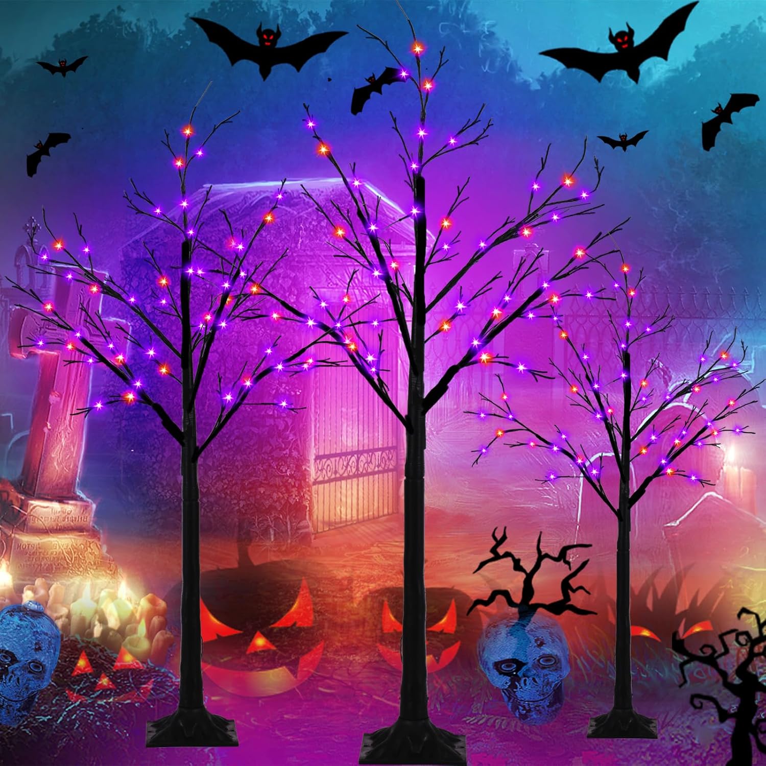Set of 3 Lighted Black Halloween Tree 4FT 5FT and 6FT, Higher Size, Timer Functi...