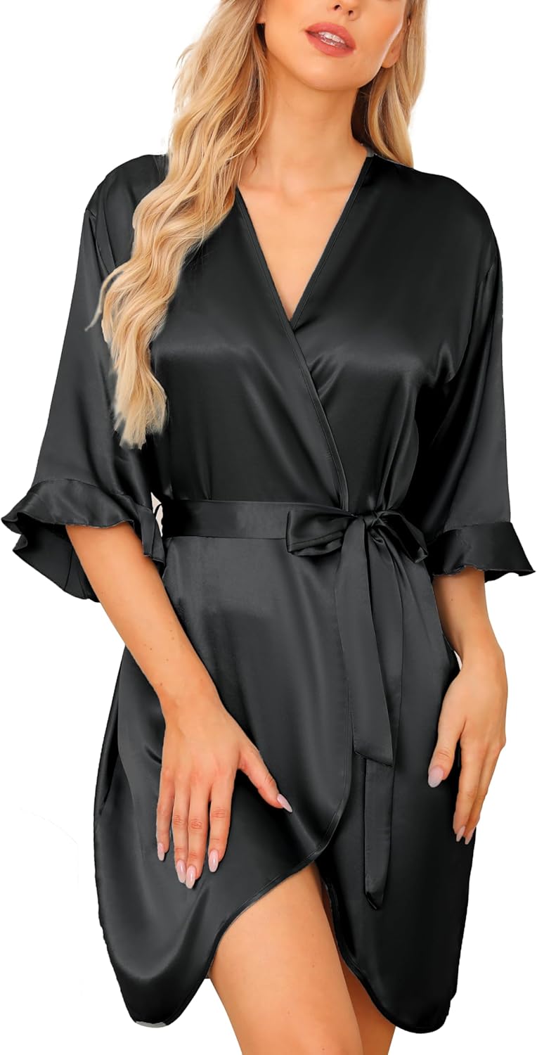 Wikoan Women's Satin Robe Summer Silk Dressing Gowns Soft Wedding Party Bathrobe...