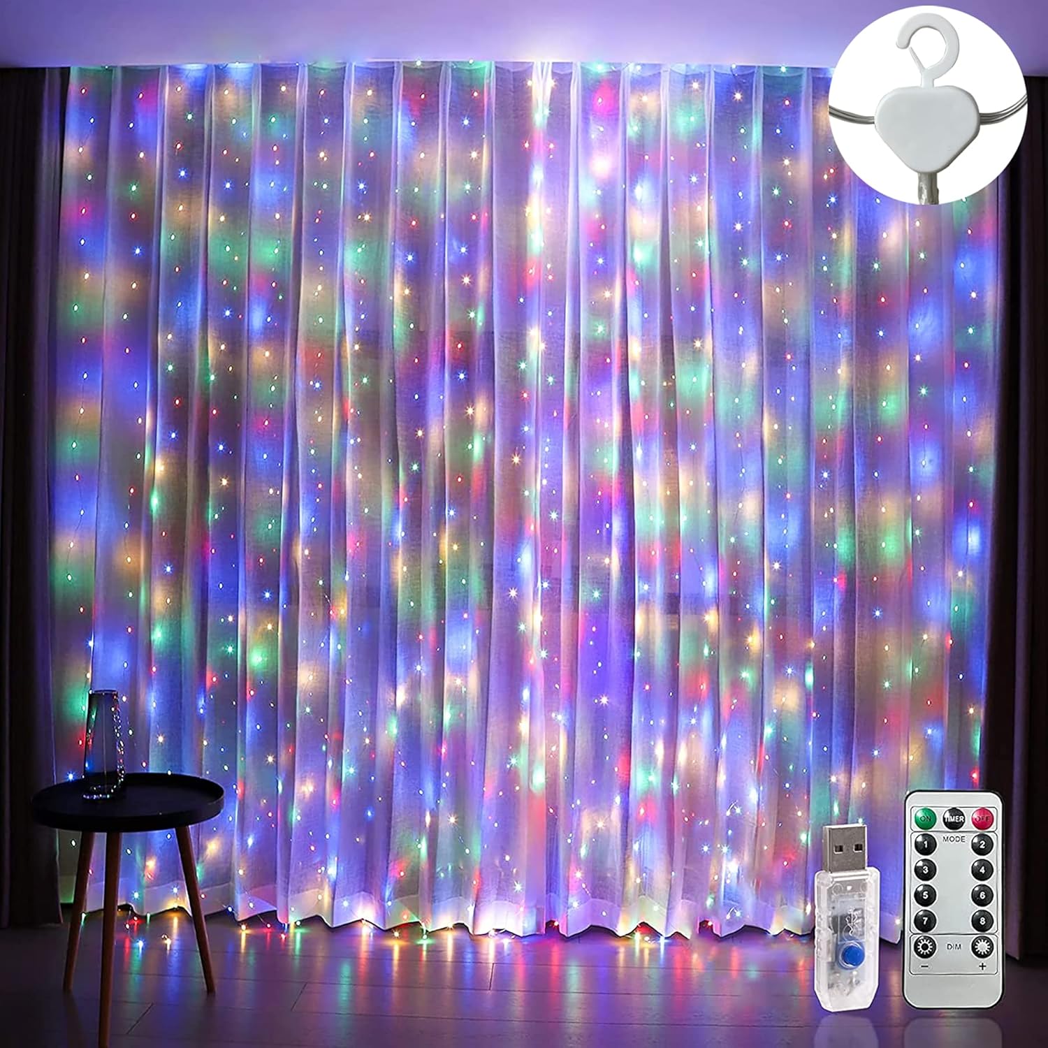 Augone Curtain Fairy Lights Waterproof，3m×3m 300LED String Lights for Bedroom w...