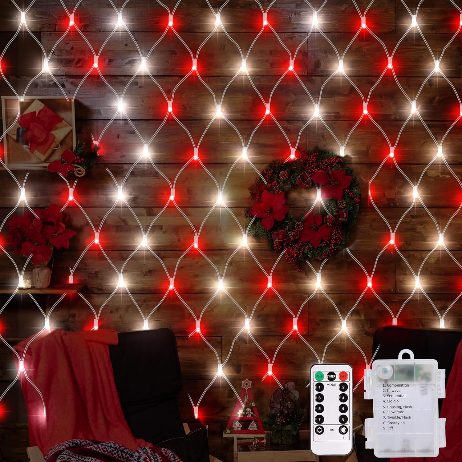 CCILAND Red White Christmas Net Lights Battery Operated, 1.5m x 1.5m 100 LED Mes...