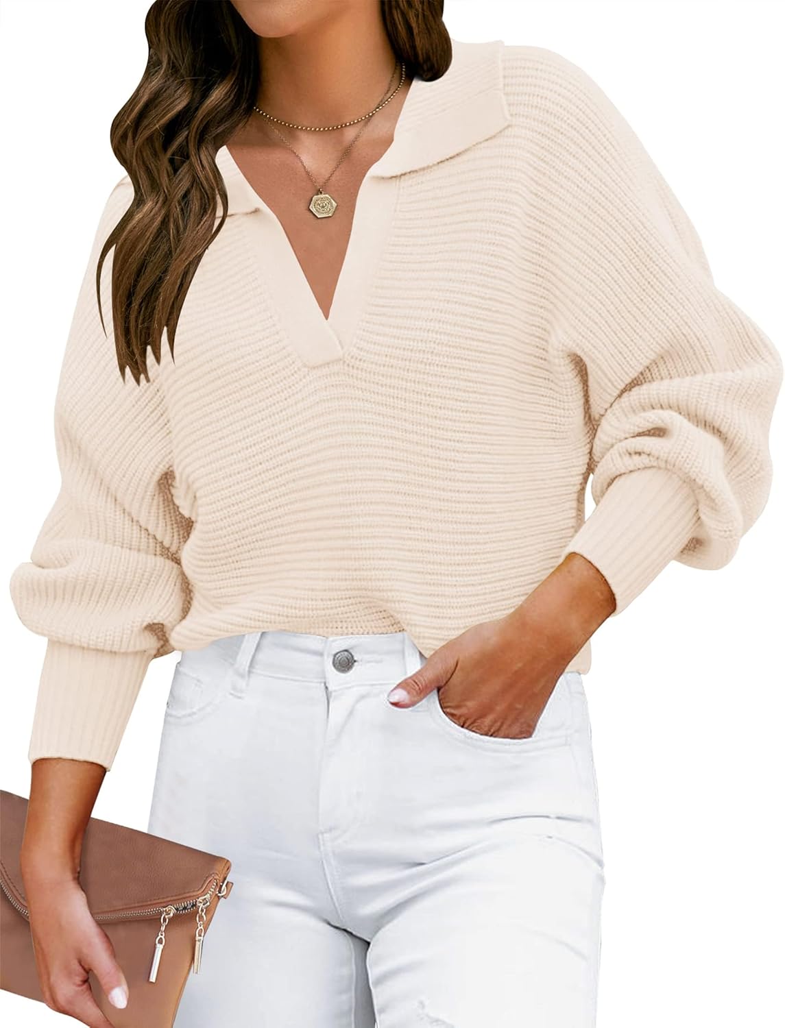 ZESICA Women's Sweater, Special Fall Lapel Collar V Neck Long Sleeve Ribbed Knit...