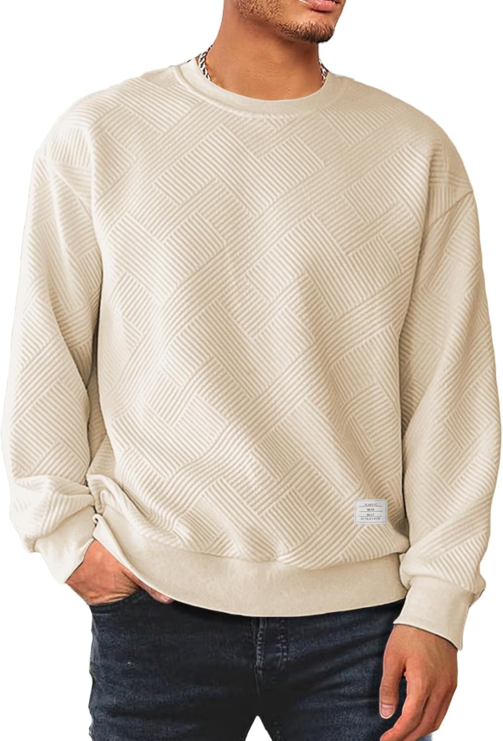 Meilicloth Mens Sweatshirts Crewneck Soild Color Geometric Texture Long Sleeve T...