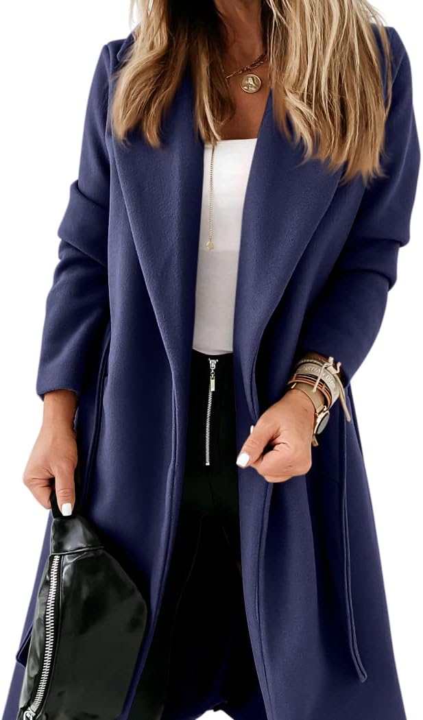 Womens Classic Coat, Unique Long Jacket With Lapel Collar Open Front, Affordable...