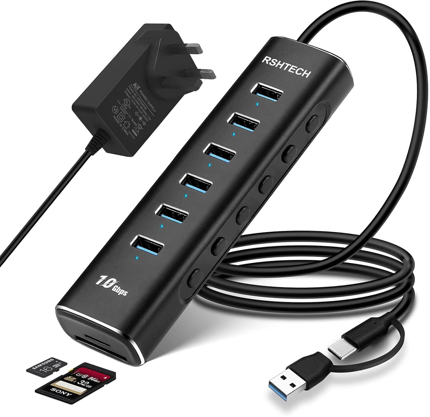 Powered USB 3.1 Hub 10Gbps RSHTECH 8-Port USB C Hub (6 USB 3.1/3.2 Gen2 Ports +...