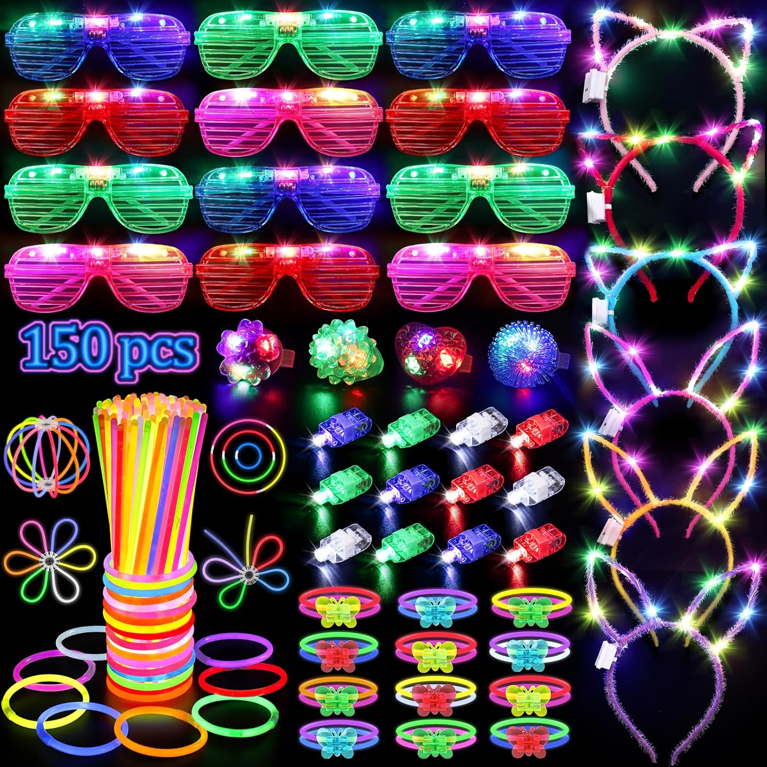 150PCS Glow in the Dark Party Supplies for Kids Adults, Light Up Party Favors wi...