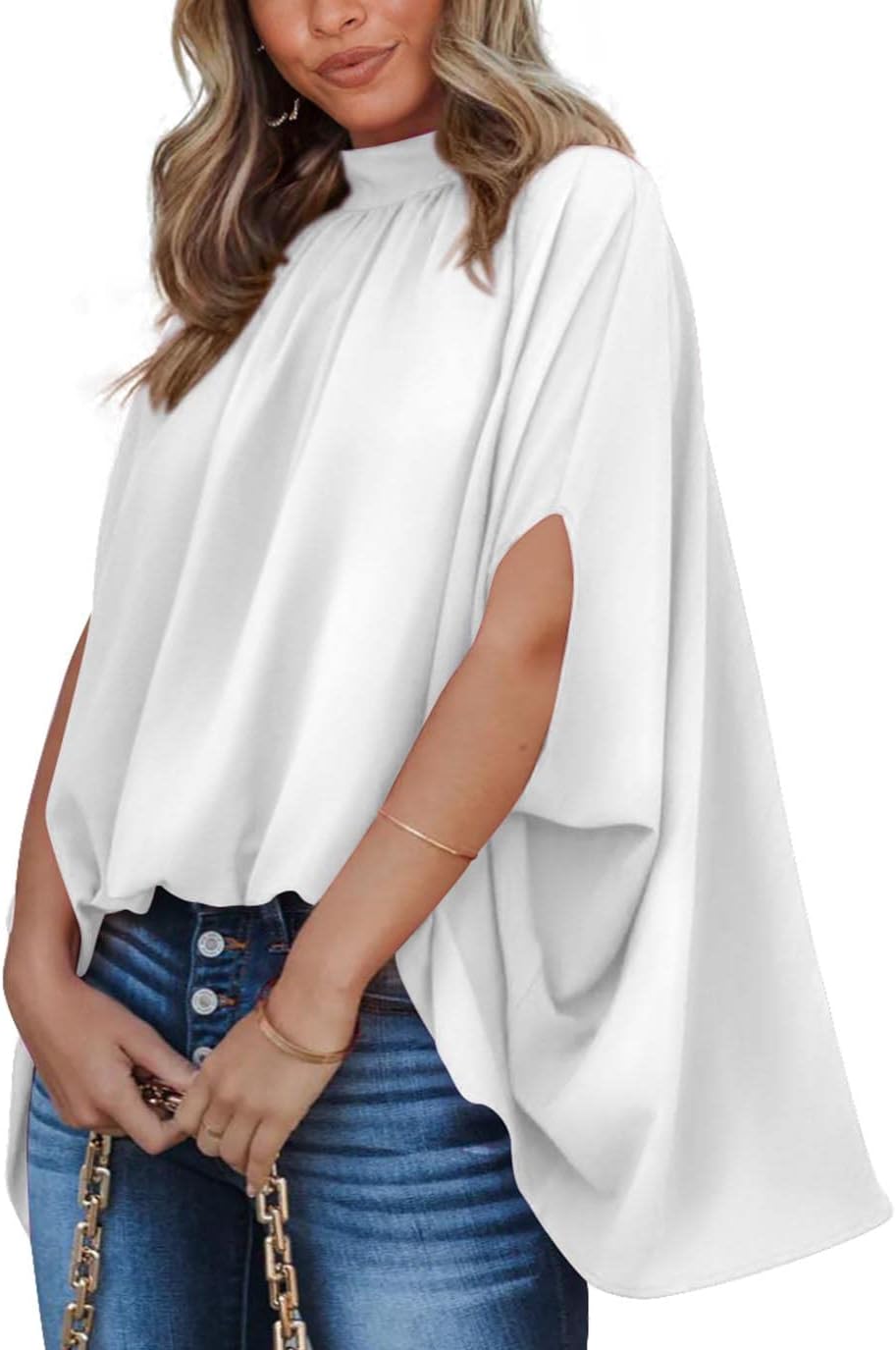 BTFBM Women Mock Neck Summer Tops, Special Batwing Short Sleeve High Low Hem Blo...